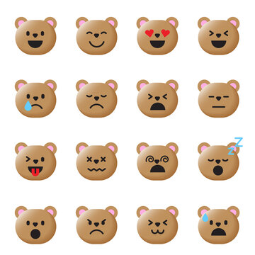Set of Various Cute Cartoon Brown Bear Teddy Pet Animal Face Emoji Emotion 3D Flat Isolated Sign Symbol