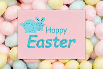 Happy Easter pale pink greeting card with colorful pastel Easter eggs