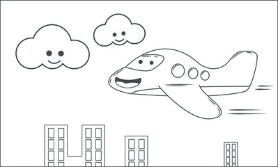 Coloring page for children, coloring book for children, children painting, illustration of airplane and cloud for children's materials.