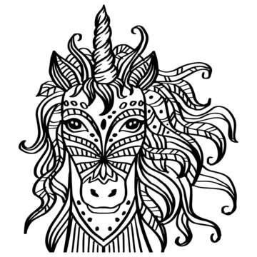 Hand drawn zentangle unicorn head illustration