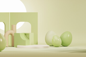 Easter eggs podium and rabbit in pastel green scene background. Easter day with geometry platform for product, stand to show cosmetic products. Stage showcase on pedestal display.3d render
