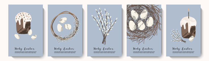 Holy Easter cards. Cute egg, nest, easter cake, willow. Eco decoration. Vector flat cartoon illustration. Perfect for poster, print, card, invitation, greeting, tag