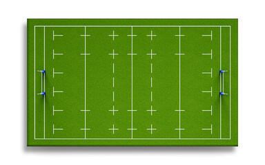 Top view of a 3D illustrated grassy rugby stadium or American football field