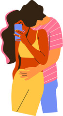 Romantic couple hugging and making selfie pictures with smartphone. A concept of diversity in relationship. Colourful illustration in trendy flat style. Blogger lifestyle
