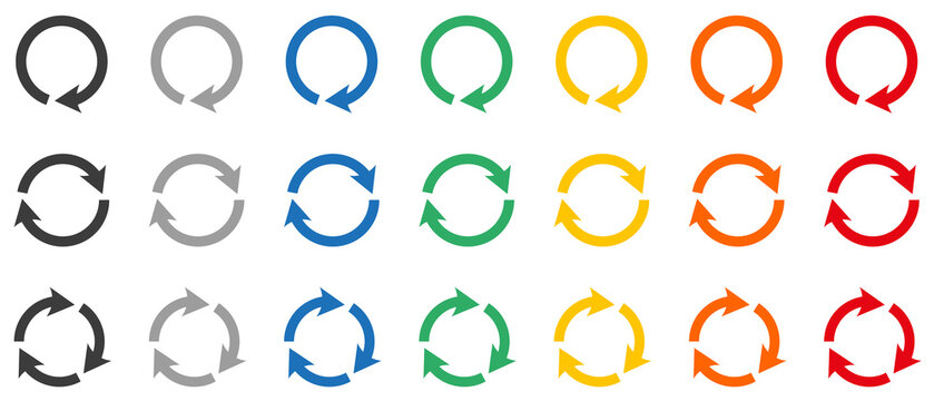 Set of round colorful arrows, recycle. Arrow reload icons. Arrows rotation circle. Vector illustration.