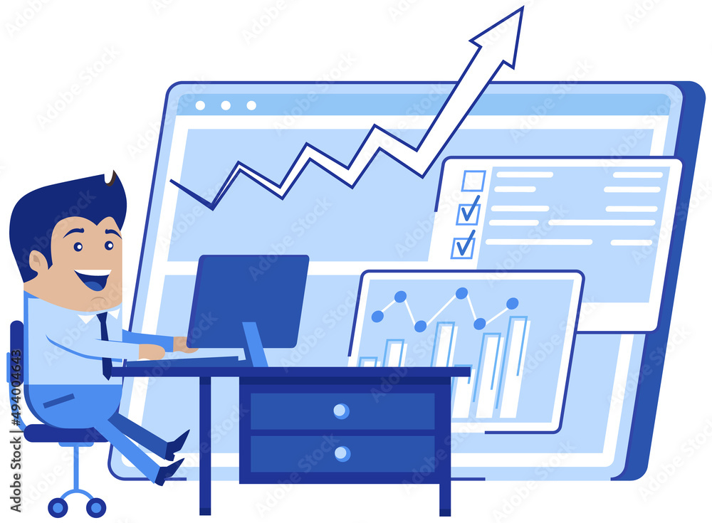 Poster office worker analysing digital indicators and charts. report presentation analysis, business lectur