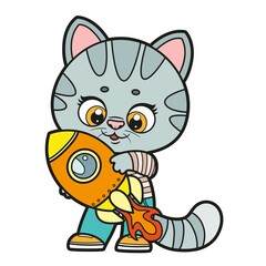 Cute cartoon kitten holding a toy rocket color variation for coloring page on a white background