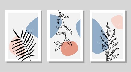 Fototapeta na wymiar Set of 3 wall art. Abstract design with a shape and leaves in a trendy color. Contemporary art, isolated collage for posters, social networks, stories. Vector illustration in a fashionable style