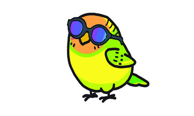 blue bird. yellow green orange with glasses
