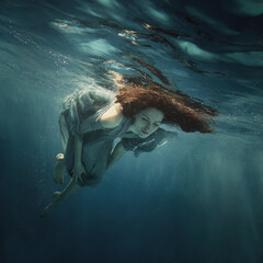 A woman in a dress swims under water as she flies in weightlessness