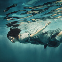 A woman in a dress swims under water as she flies in weightlessness