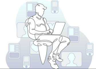 Fototapeta na wymiar One continuous line.A young man with a laptop in his hands. A man is sitting with a computer. Work on the Internet. Communication in social networks.Continuous art line drawing isolated white backgrou