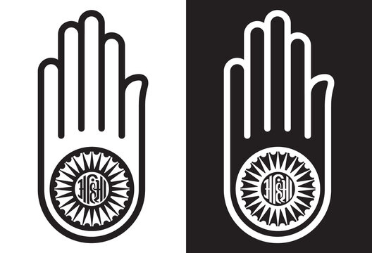 Jainism or Jain Dharma religion hand symbol line art vector icon on white and black background