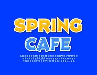 Vector colorful Emblem Spring Cafe. Trendy Blue Font. Bright Alphabet Letters and Numbers set