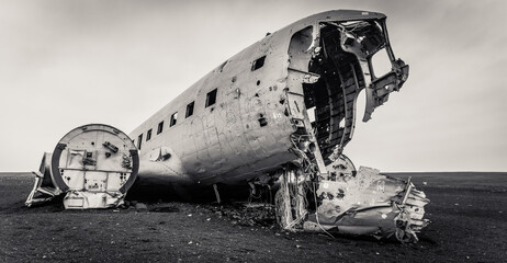 Grayscale of wrecked DC 3 plane in the South of Scotland