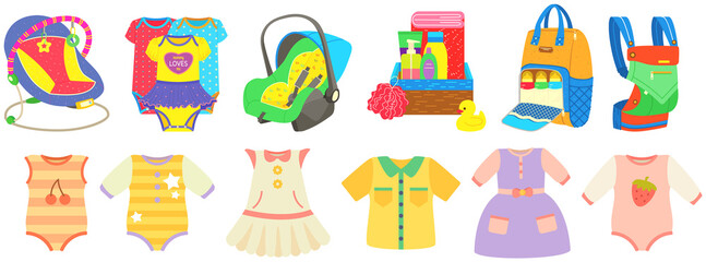 Baby care objects, newborn items supplies, set of icons. Objects for convenient pastime with child. Clothing for children, jumpsuit, dress, bodysuit near developing toys, items for baby, little child