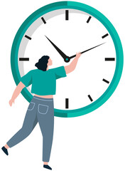 Woman trying to delay deadline. Planning, punctuality, time management. Female character looking at clock. Lady holds arrow to be in time. Punctual businesswoman, hourly work vector illustration