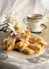 Puff pastry apple pastry turnovers. Breakfast with pastry and tea 