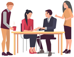 Businesspeople have project strategy planning meeting. Teamwork with business plan, creating new creative project. Meeting to discuss starting business. Colleagues discussing work in entrepreneurship