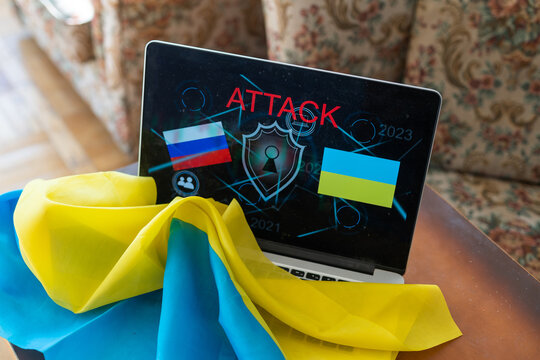 The national flag of Ukraine is yellow-blue as a background on the laptop, peace in Ukraine, no war, free country Ukraine