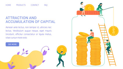 People saving coins, investments in jar. Attraction and accumulation of capital concept. Man and woman catching dollars, hoarding pennies. Website or webpage template, landing page in flat style