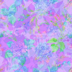 Fototapeta na wymiar multicolored bright seamless pattern with mix silhouettes of buds and flowers
