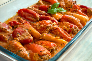 Stuffed mini bell peppers with meet, hot delicious home made dish. 