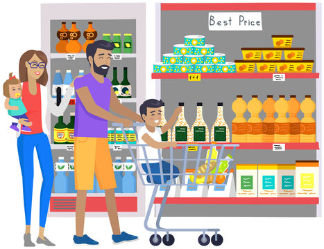 Supermarket, grocery store with food on shelves. Sale, discounts in food store. Shop in mall for selling groceries. People make purchases, choose goods, buy products in supermarket vector illustration