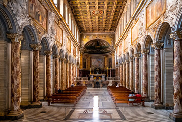 Main nave and apse of St. Marc Evangelist Basilica, San Marco Evangelista al Campidoglio at Venice Square Piazza Venezia in historic center of Rome in Italy - obrazy, fototapety, plakaty