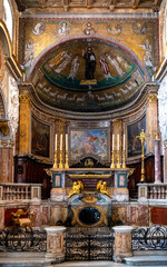 Fototapeta na wymiar Main nave and apse of St. Marc Evangelist Basilica, San Marco Evangelista al Campidoglio at Venice Square Piazza Venezia in historic center of Rome in Italy