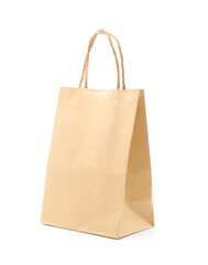 Recycled kraft paper shopping bag with tape isolated on white background.