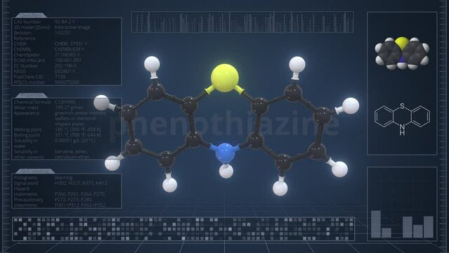 Molecule of phenothiazine with infographics on the computer monitor, loopable 3d animation