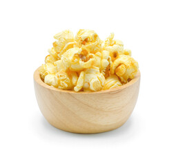 Caramel popcorn in wooden bowl isolated on white background.