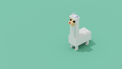 3D Pixel Animal with copy space, banner, wallpaper. Pixel lama with green mint background 3D render