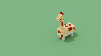 3D Pixel Animal with copy space, banner, wallpaper. Pixel giraffe with green background 3D render