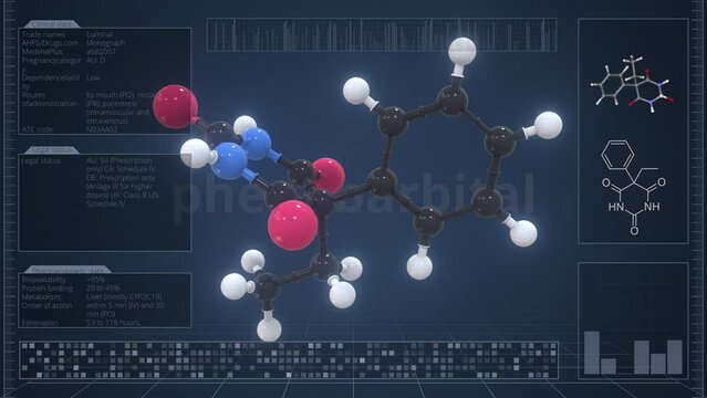 Phenobarbital molecule with description on the computer screen, loopable 3d animation