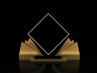Abstract golden and black stage podium. Luxury and modern platform for product display advertising with golden square and triangles background 3D Render