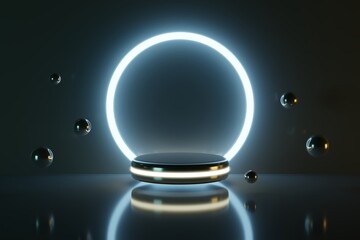 High technological background for product presentation with cold ambient light. Sci-fi scenarios with suspended element. 3d rendering illustration.