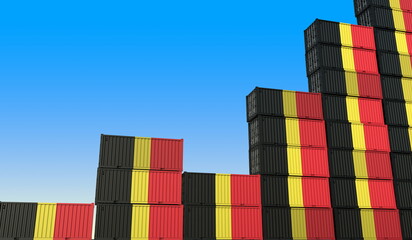 Cargo containers with flags of Belgium making a rising graph. Economic growth related 3D rendering