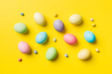 holiday preparation Multi colors Easter eggs on colored background . Pastel color Easter eggs. holiday concept with copy space