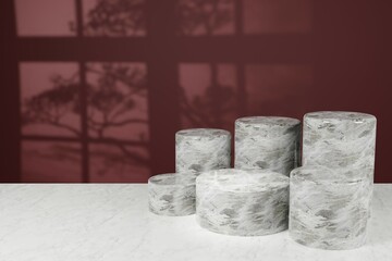 Cosmetic background for product presentation and fashion magazine. white marble podium on dark red wall scene with shadow of trees and windows. Minimal geometric shape. 3d rendering illustration.