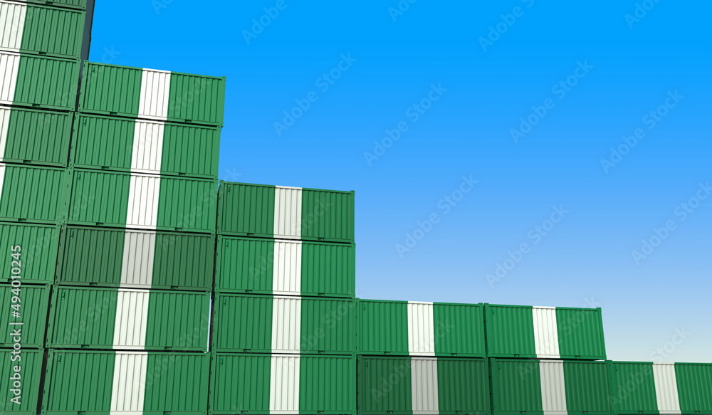 Poster flag of nigeria on containers forming declining trend of graph. national crisis or meltdown related 