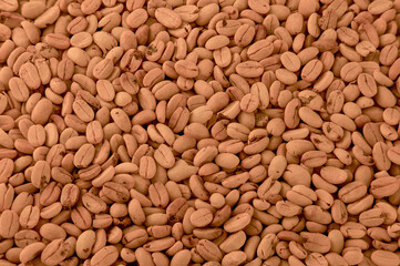 Unpeeled green coffee, natural background macro view