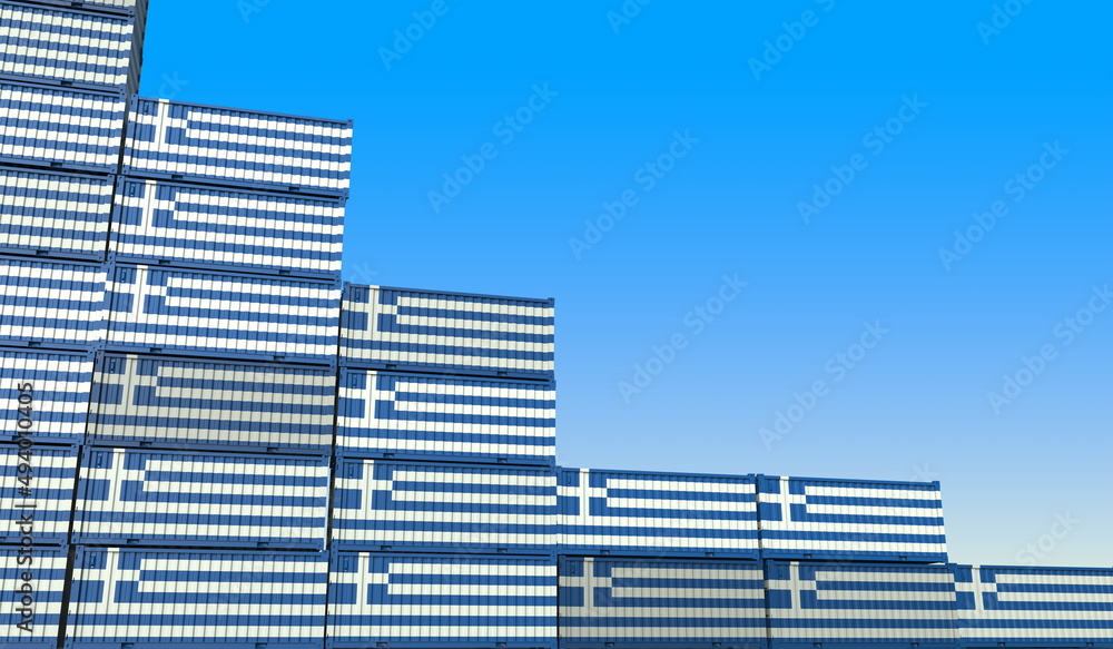 Poster containers with flag of greece represent declining trend. economic or export crisis concept. 3d rend
