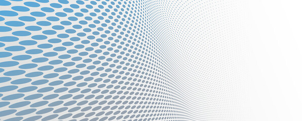 Blue and grey dots in 3D perspective vector abstract background, dotted pattern cool design, wave stream of science technology or business blank template for ads.