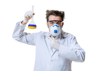 Young chemist, doctor wearing white gown, face mask and gloves conducts chemical research isolated on white background. Concept of healthcare, pharmaceuticals, medicine.