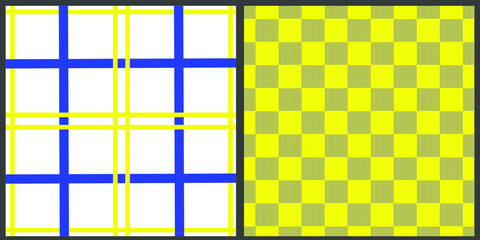 Set of vector seamless patterns. Yellow-blue geometric lines and squares on an isolated background. 