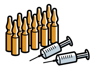 Syringe and ampules vaccine or first aid concept vector illustration isolated on white, injection vaccination against virus, antidote or painkiller.