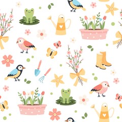 Spring flower pattern - tulips, birds and butterflies, gardening tools. Vector illustration in flat cartoon style