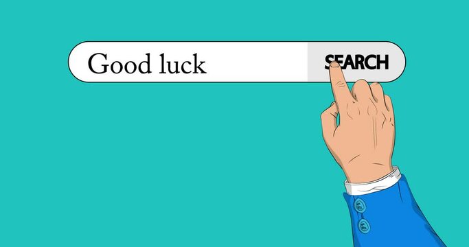 Virtual search bar with the text Good luck. Businessman pushing his right hand index finger to touch a search icon. 4k Comic Book style animation.